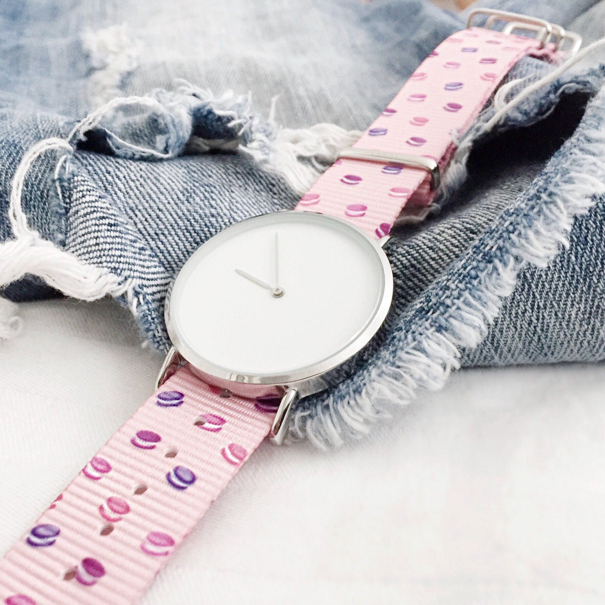 Macaron Dots with Minimal watch on a pair of jeans
