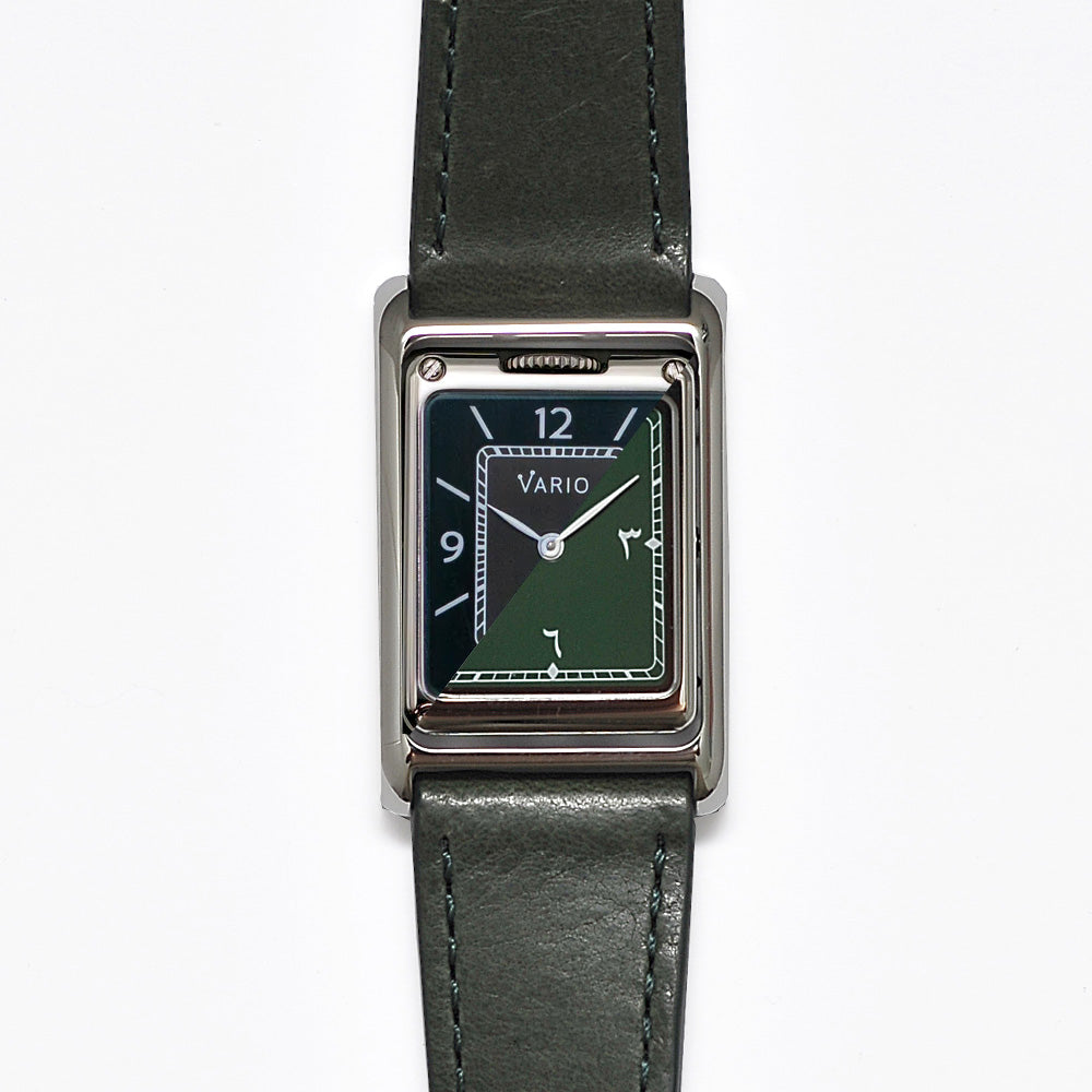 vario versa dual time reversible rectangle eastern arabic gunmetal green watch