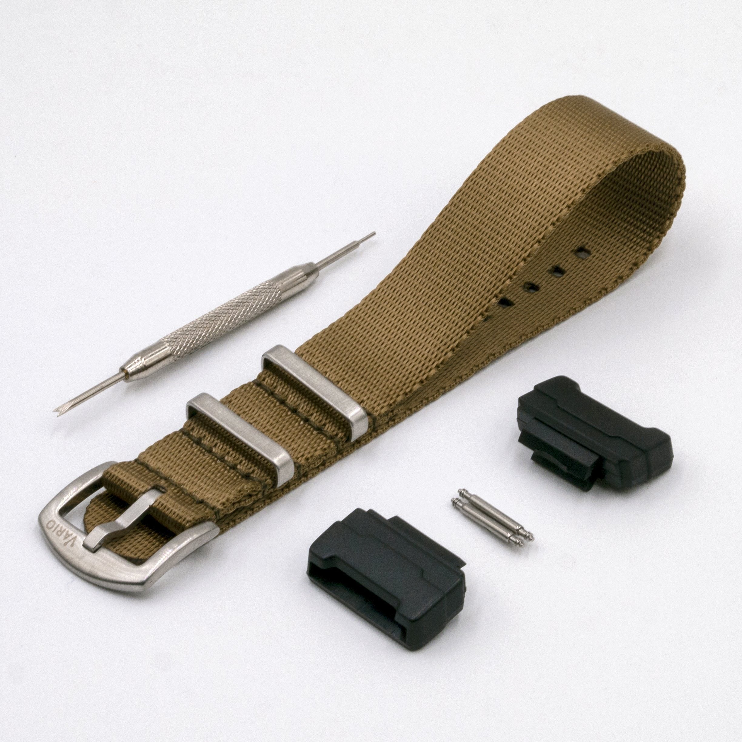 Seat Belt Khaki Brown Watch Strap with G-Shock Compatible Adapter and Spring Bar Tool