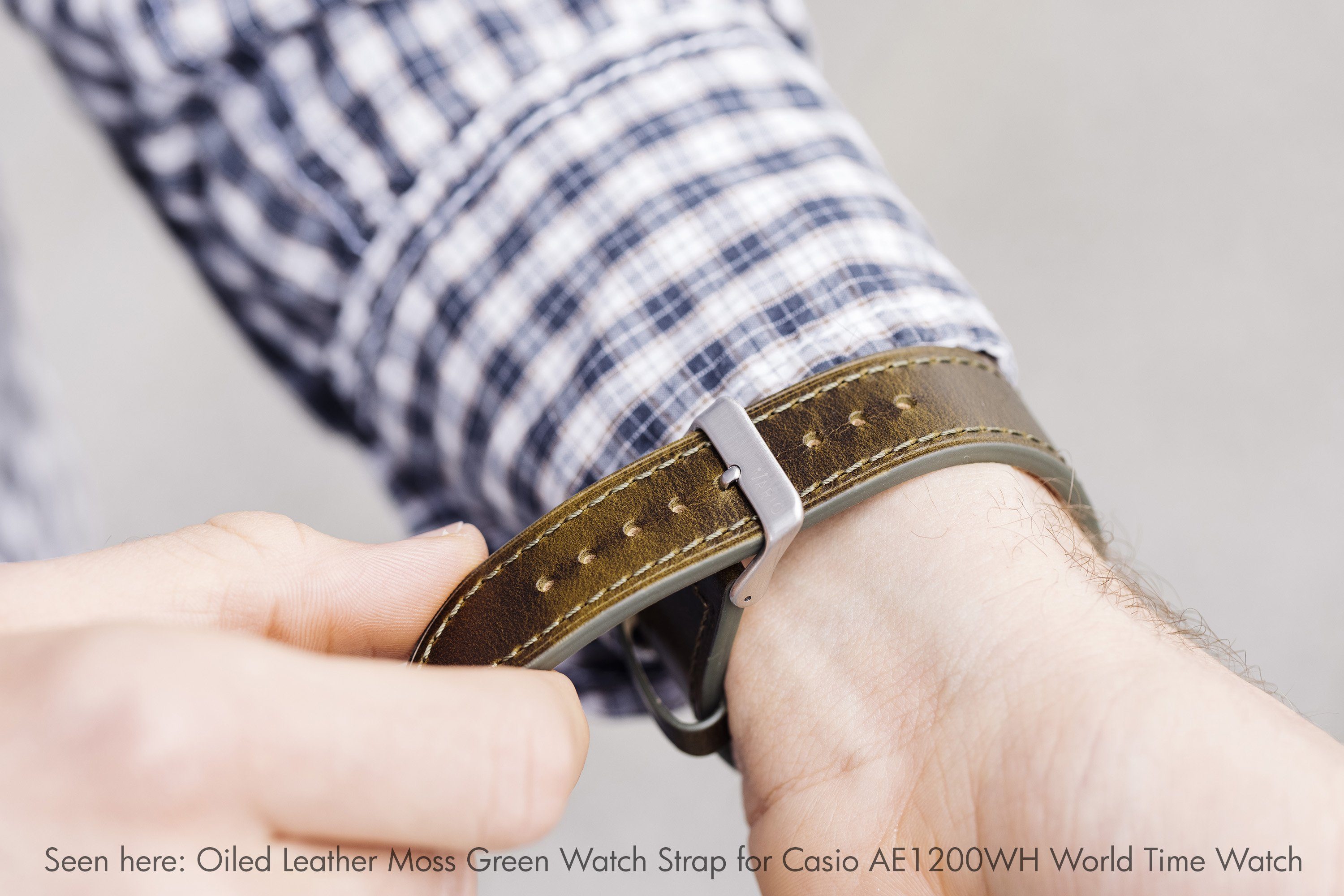 Oiled Leather Pecan Brown Watch Strap for Casio AE1200WH World Time Watch