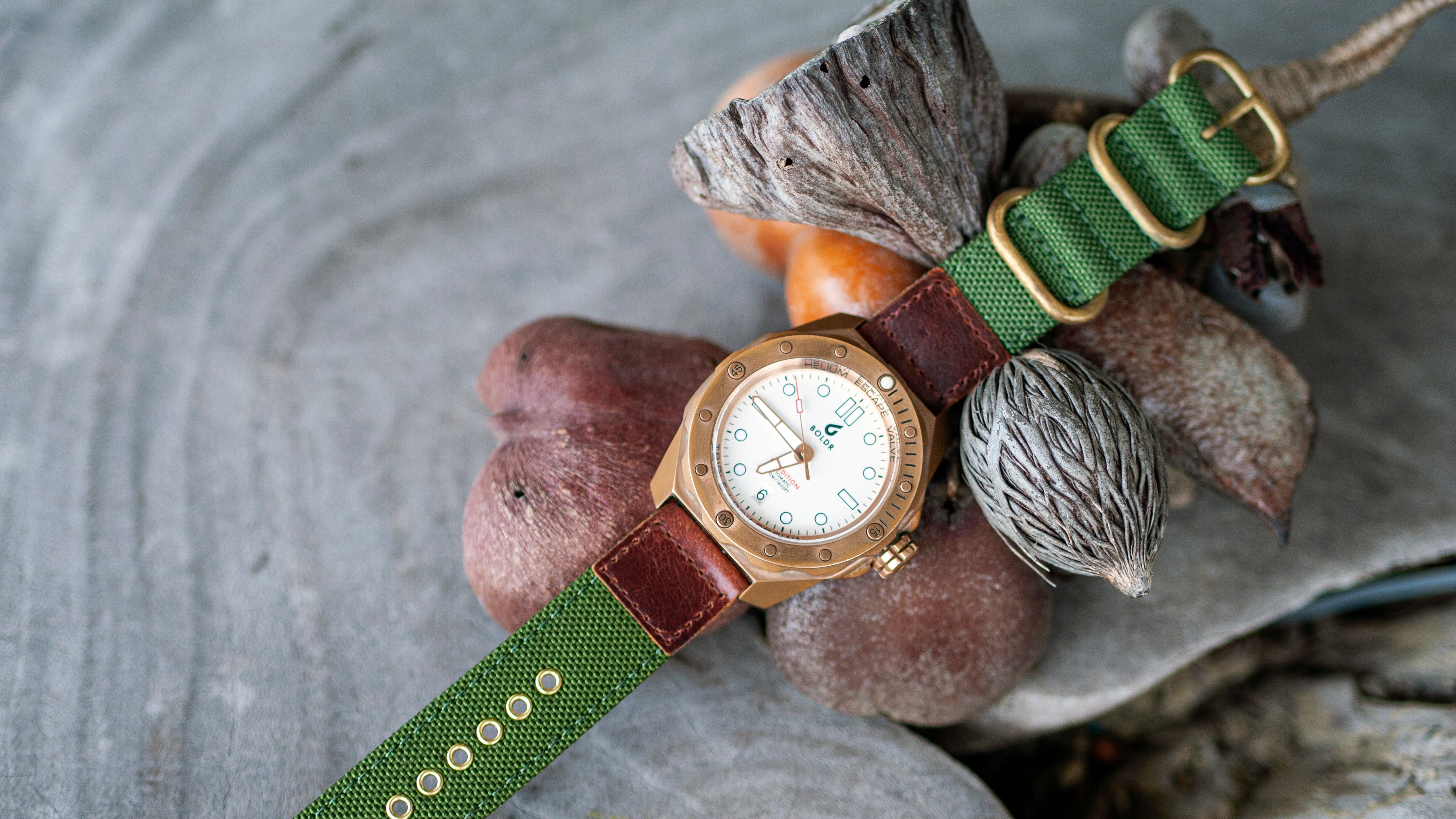 boldr bronze watch with vario cordura leather watch strap