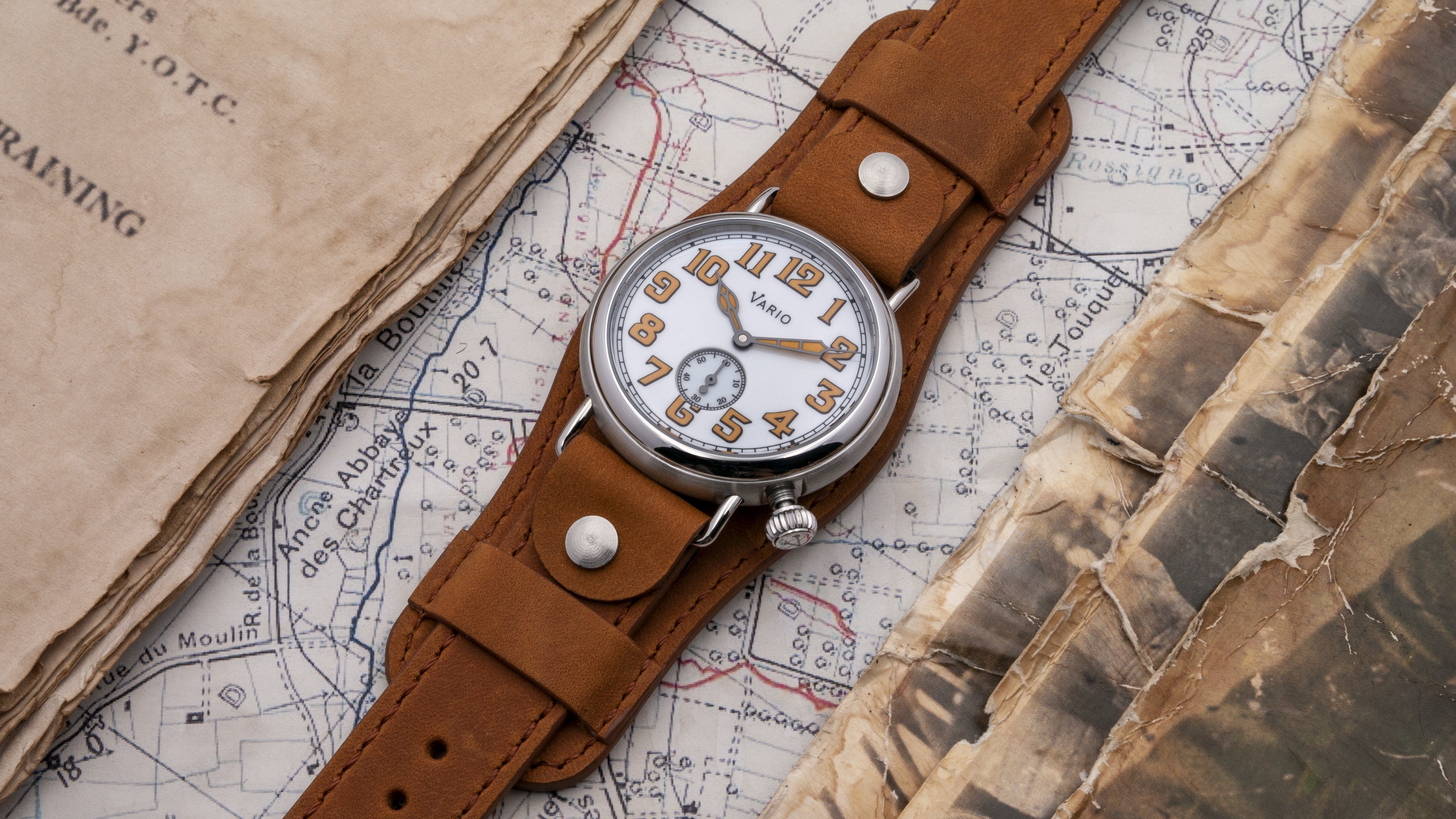 vario 1918 trench field watch white dial orange lume 37mm