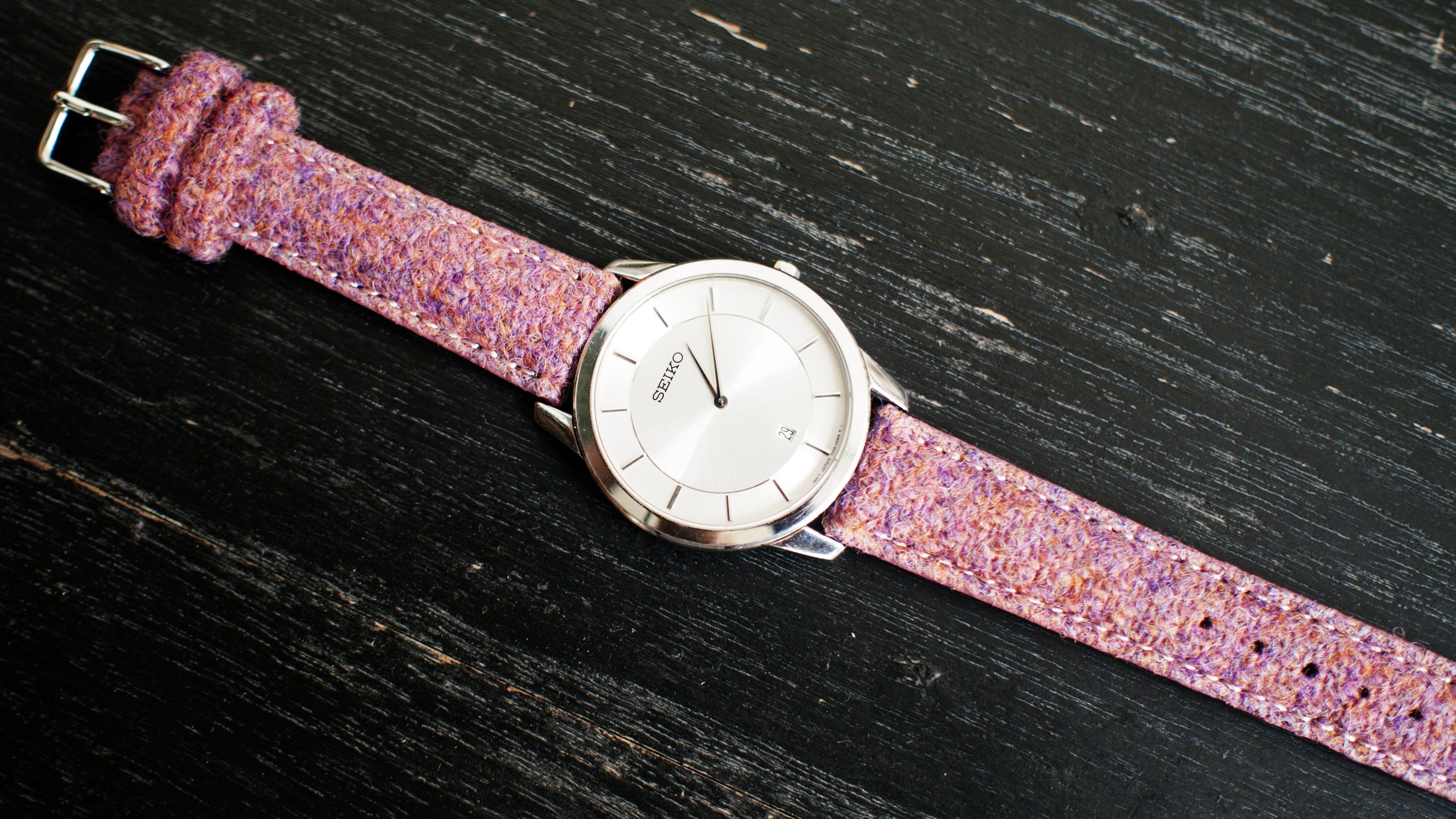 Seiko dress watch with Vario Harris Tweed Bubble Gum Pink Watch Strap