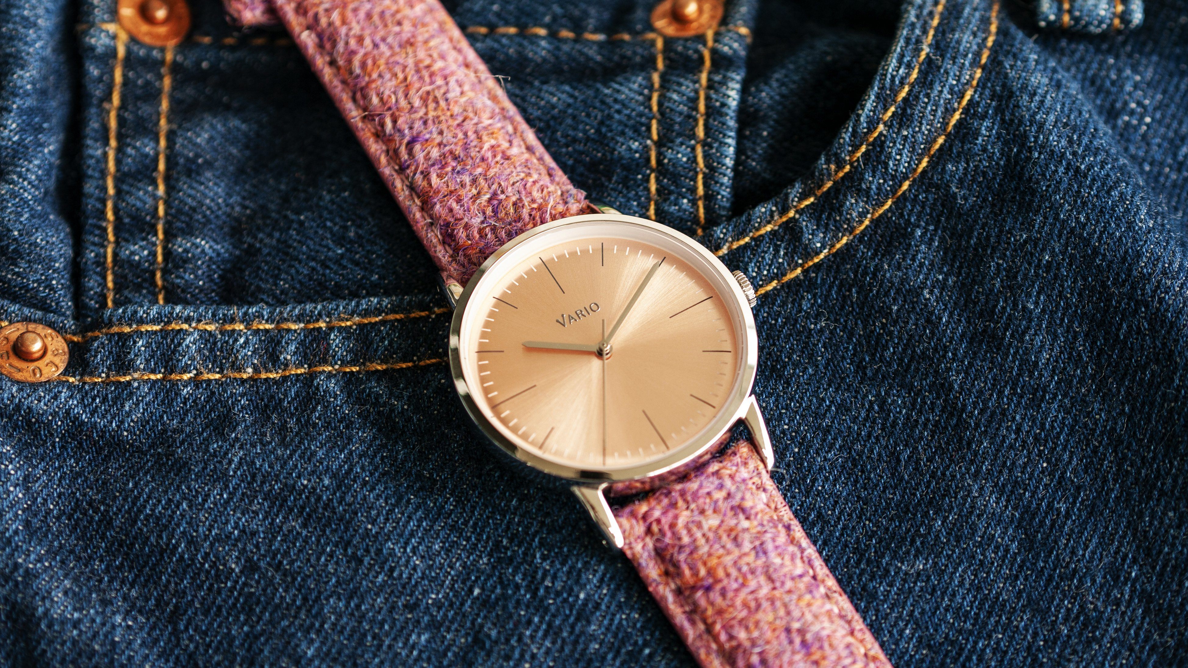 Vario Eclipse dress watch with Vario Harris Tweed Bubble Gum Pink Watch Strap