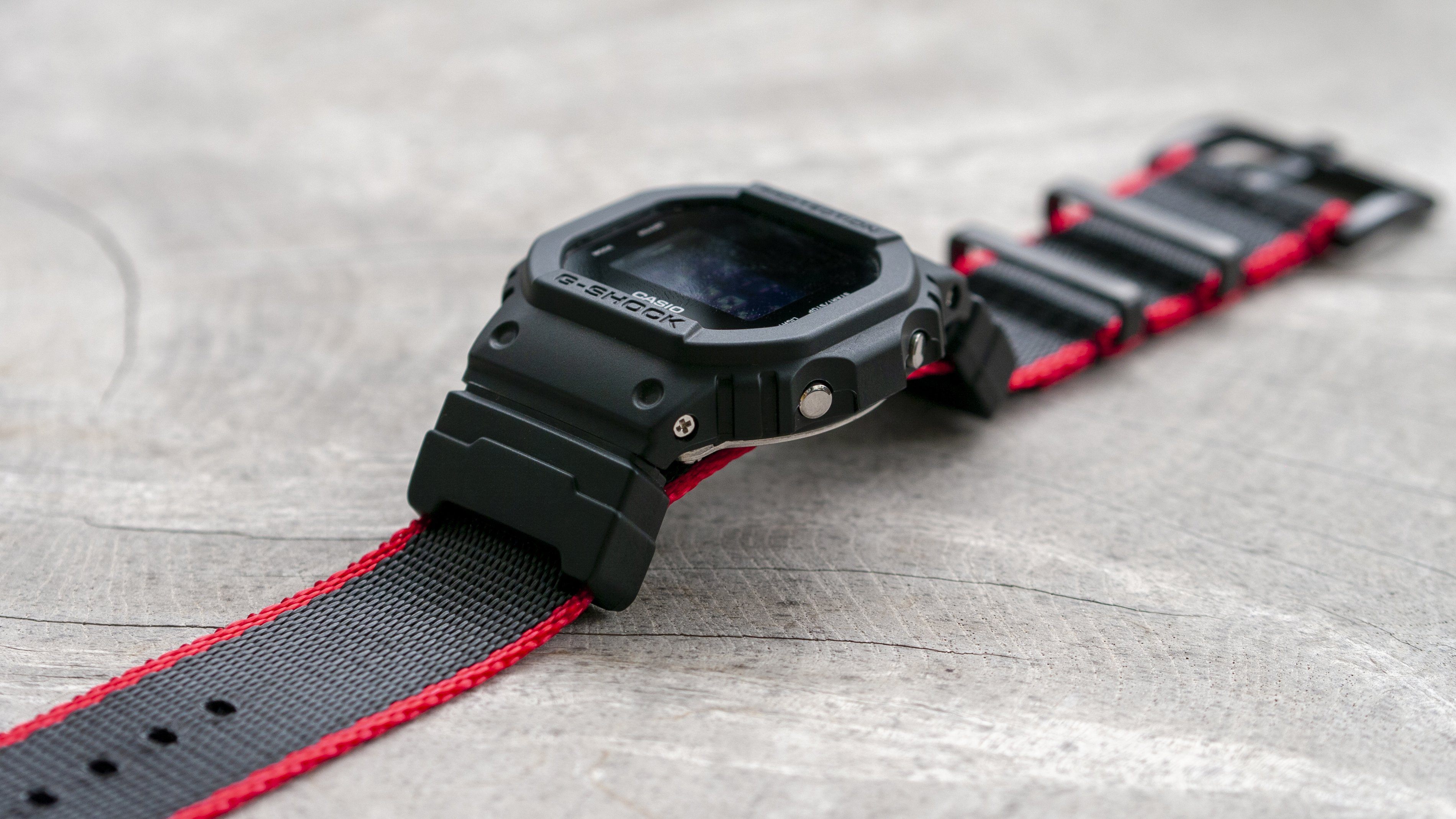 gshock dw5600 with seat belt adapter kit red and black
