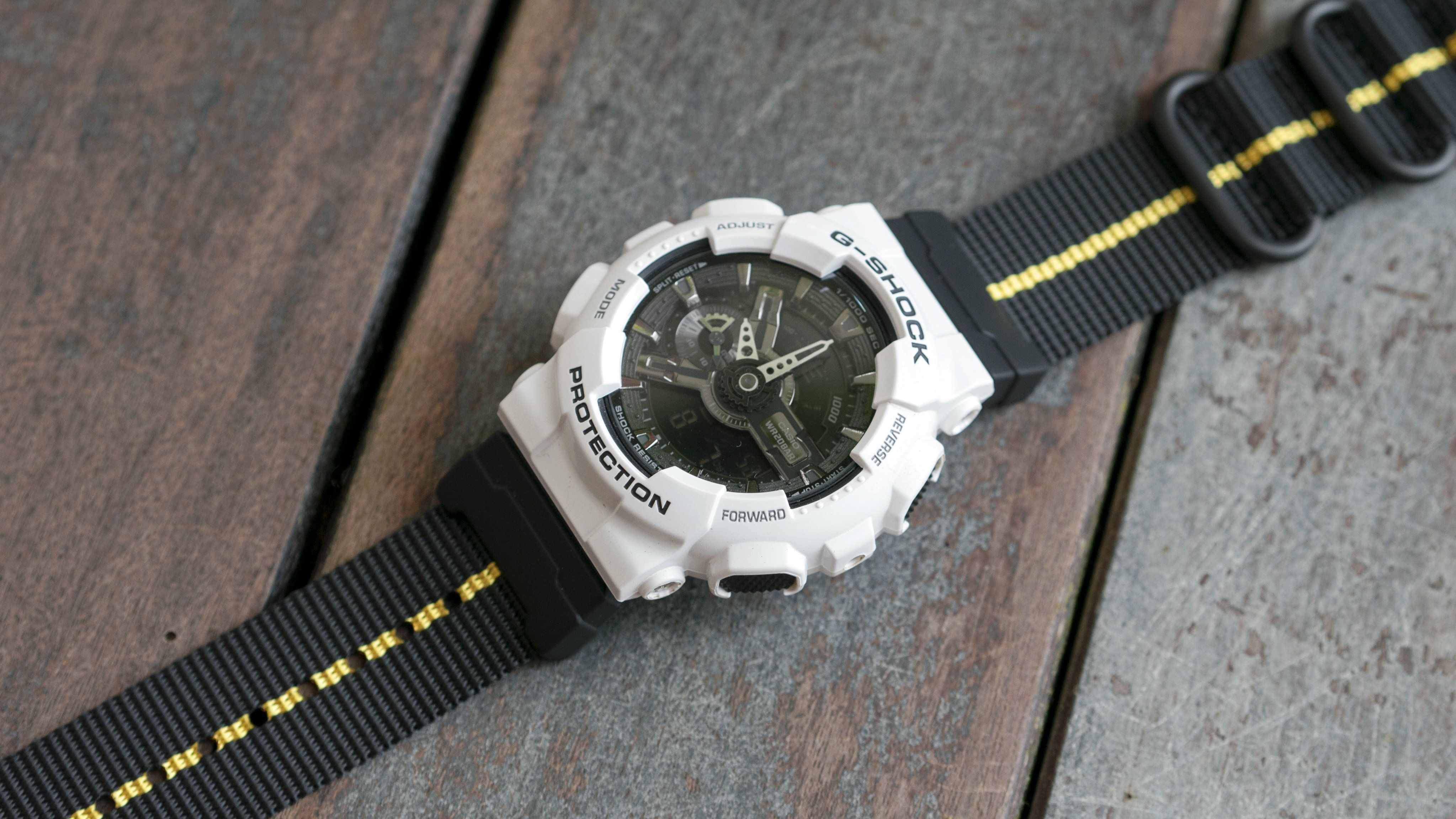 gshock ga110 with vario ballistic nylon yellow black stripe watch strap