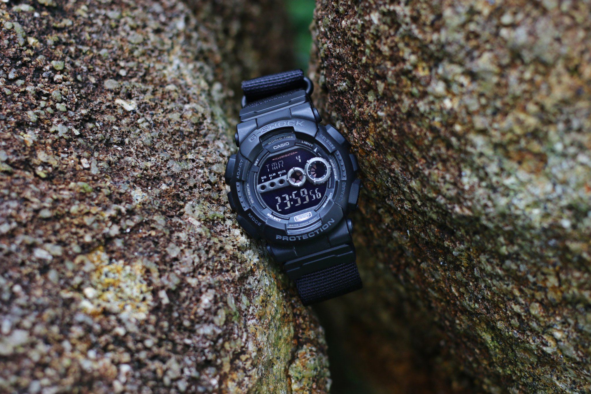 Casio G-Shock GD100 with 24mm ballistic nylon strap doing a 127 hours stunt