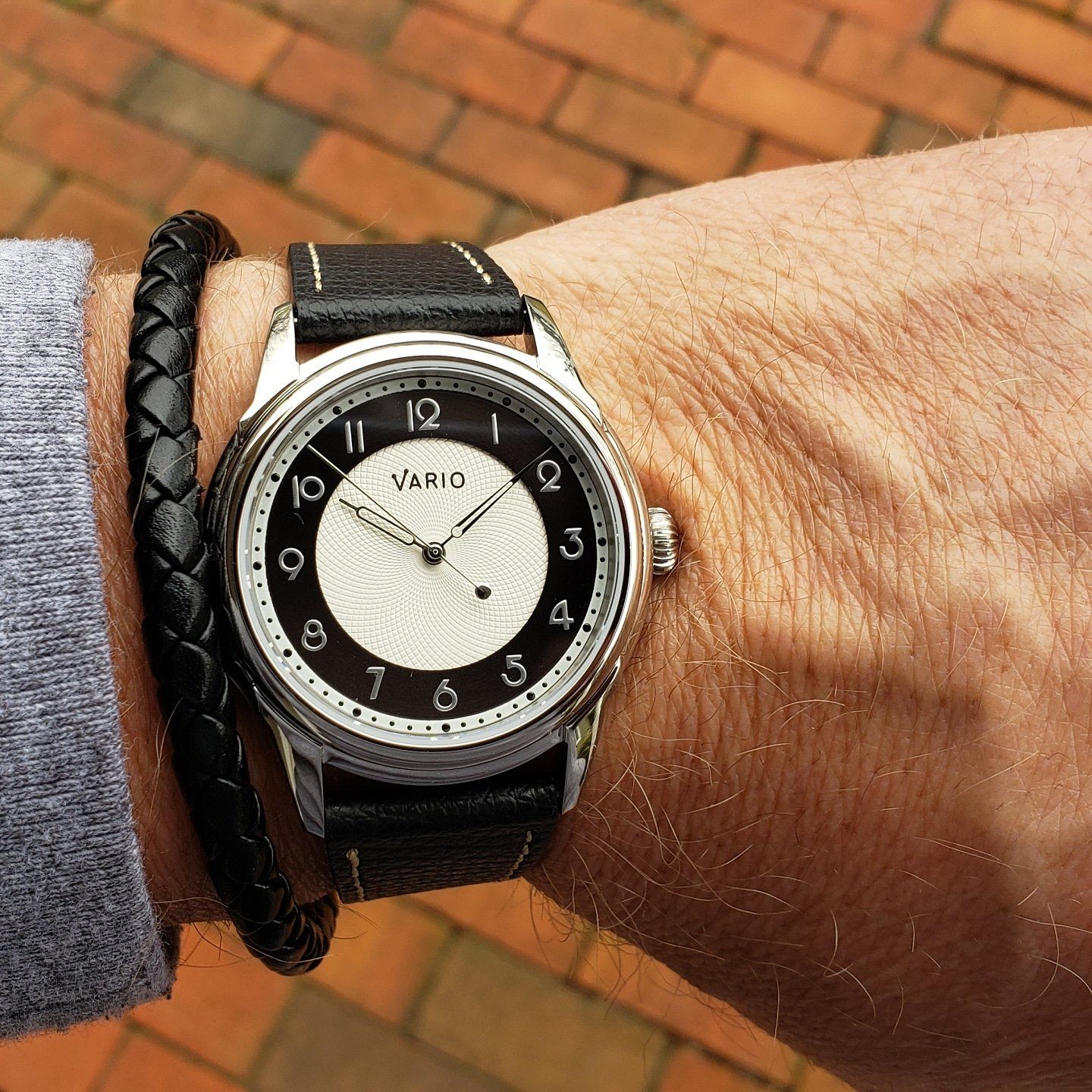 Vario Empire Tuxedo White with vintage style leather strap. Photo by Scott from Watches Galore.