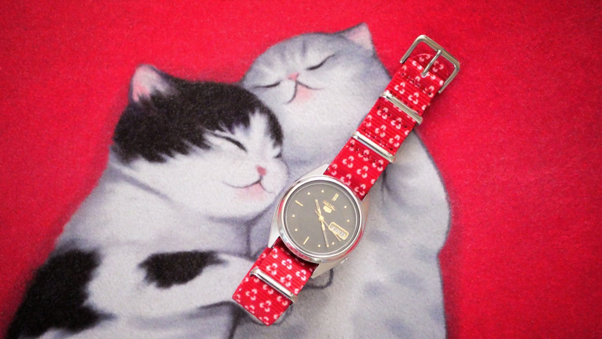 A pair of cats loving our strap on vintage Seiko 5
