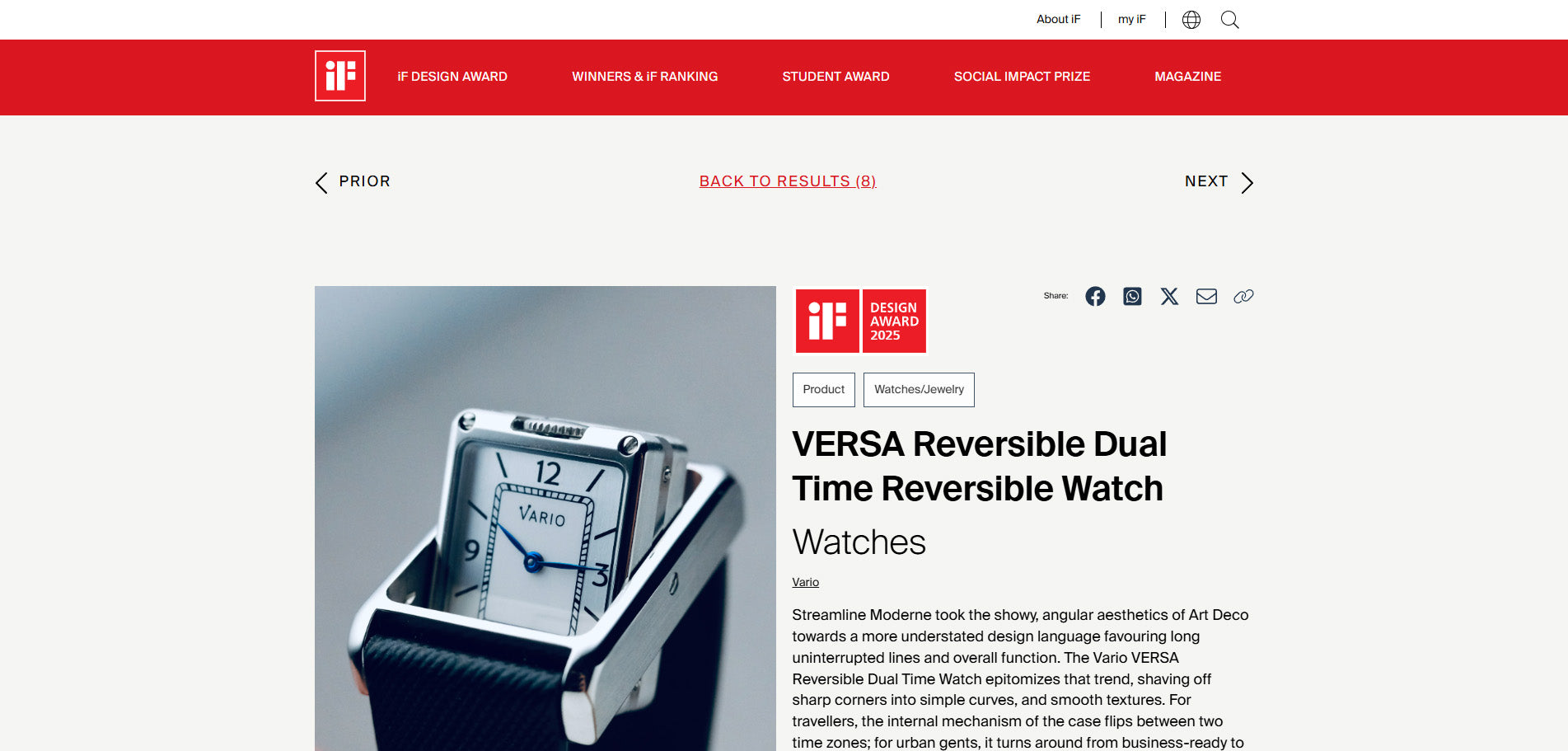 Vario VERSA Dual Time Reversible Watch Wins the iF DESIGN AWARD 2025