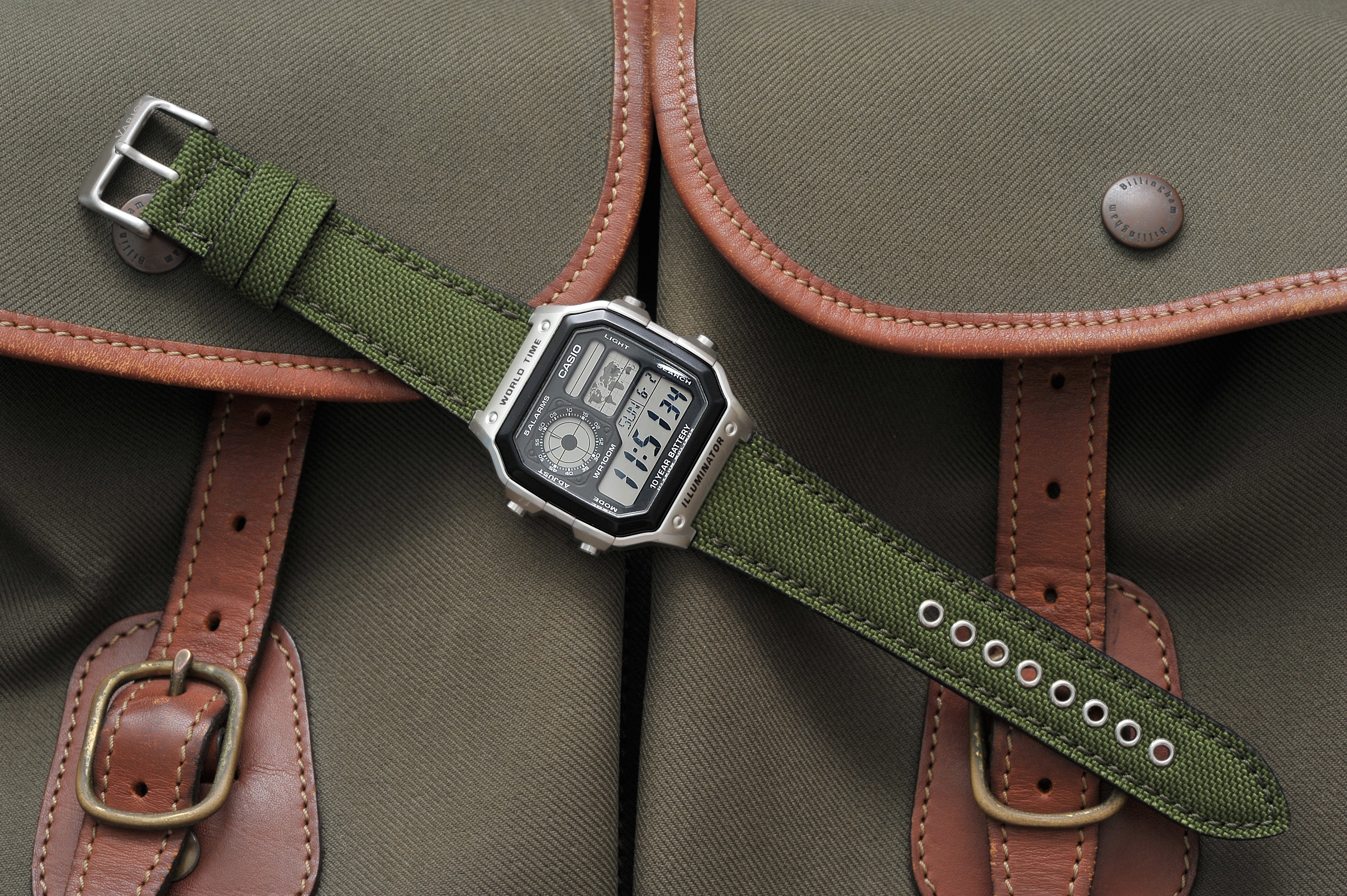 Cordura fitted watch strap for Casio Royale AE1200 olive green