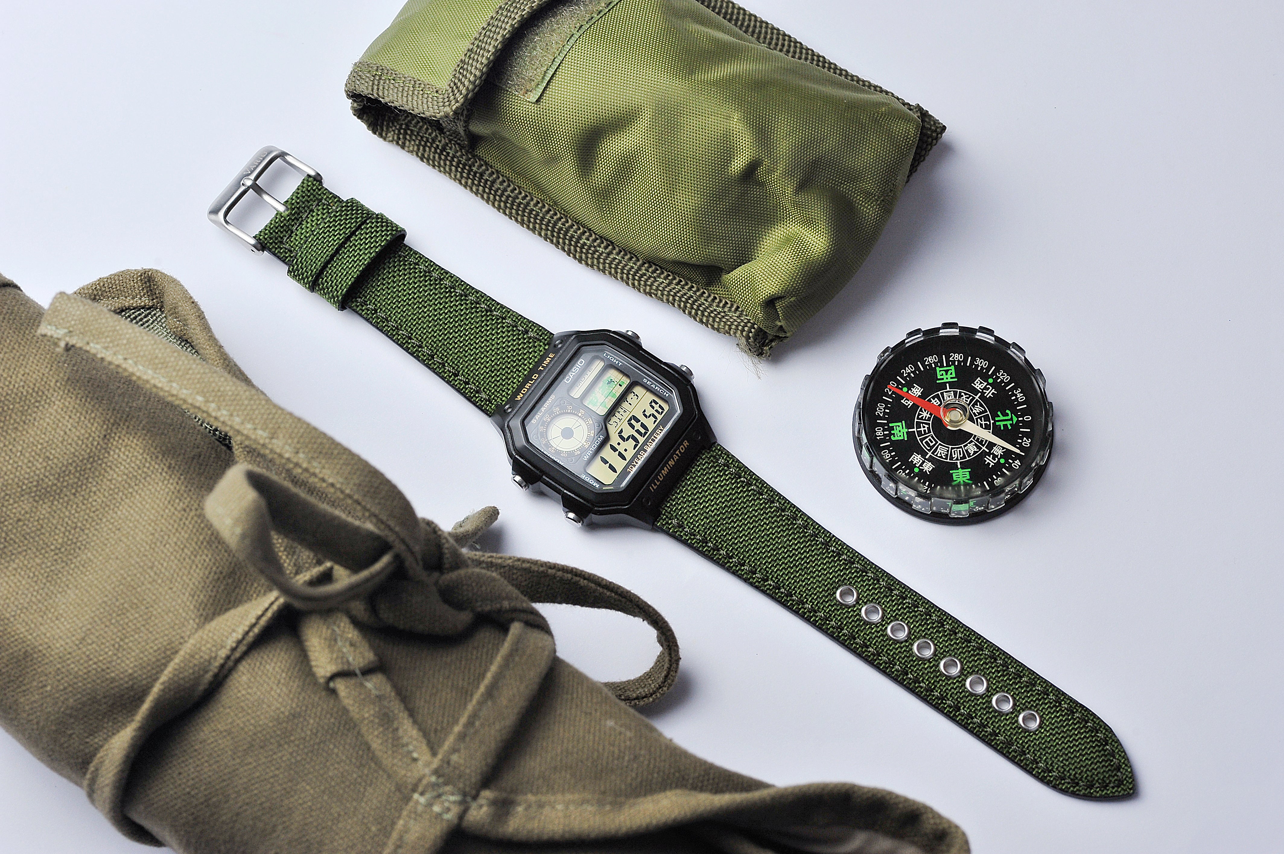 Cordura fitted watch strap for Casio Royale AE1200 olive green
