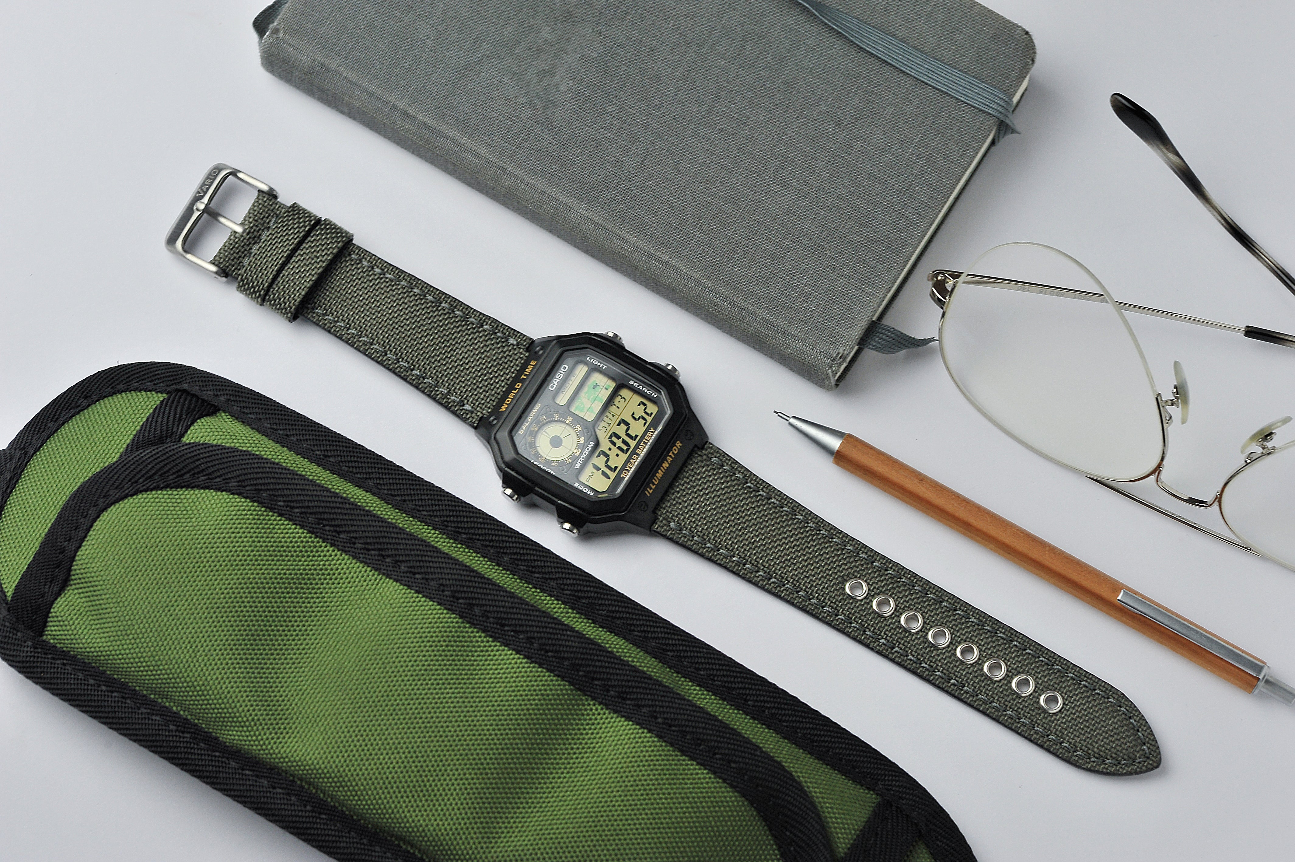 Cordura fitted watch strap for Casio Royale AE1200  army green