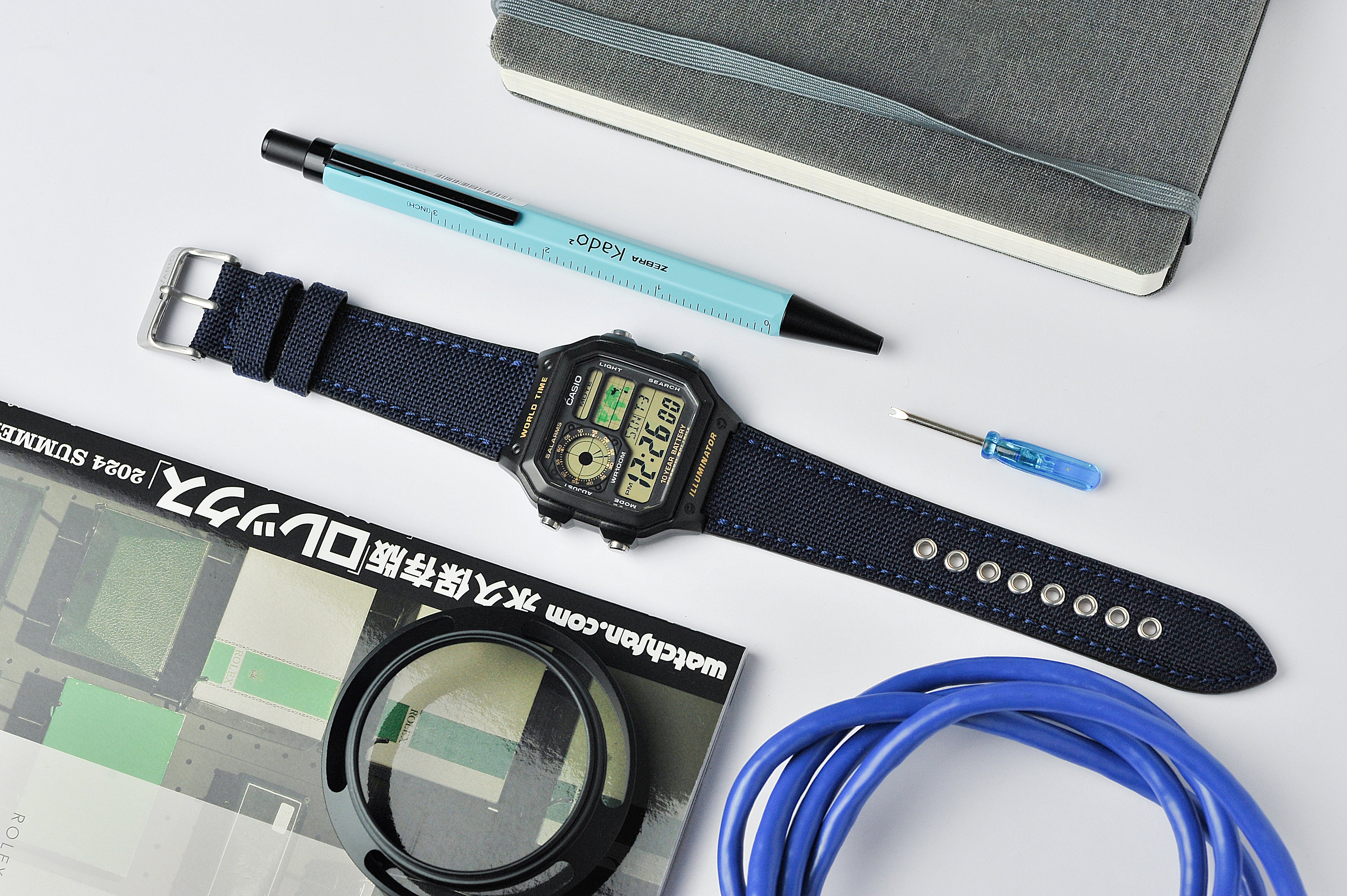 Cordura fitted watch strap for Casio Royale AE1200 blue