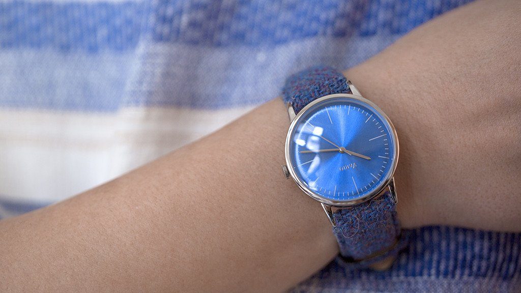 eclipse blue dress watch double dome sapphire with harris tweed strap