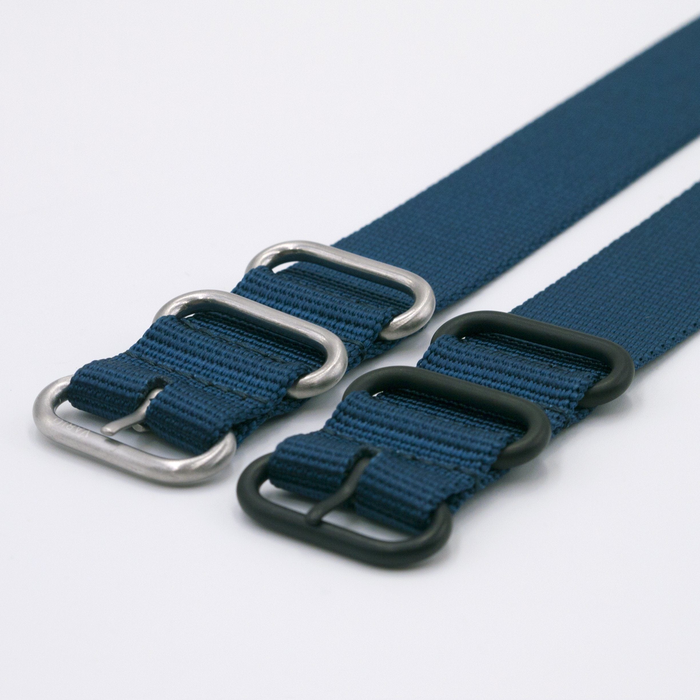 dark blue ballistic nylon maratac strap with silver and black buckle
