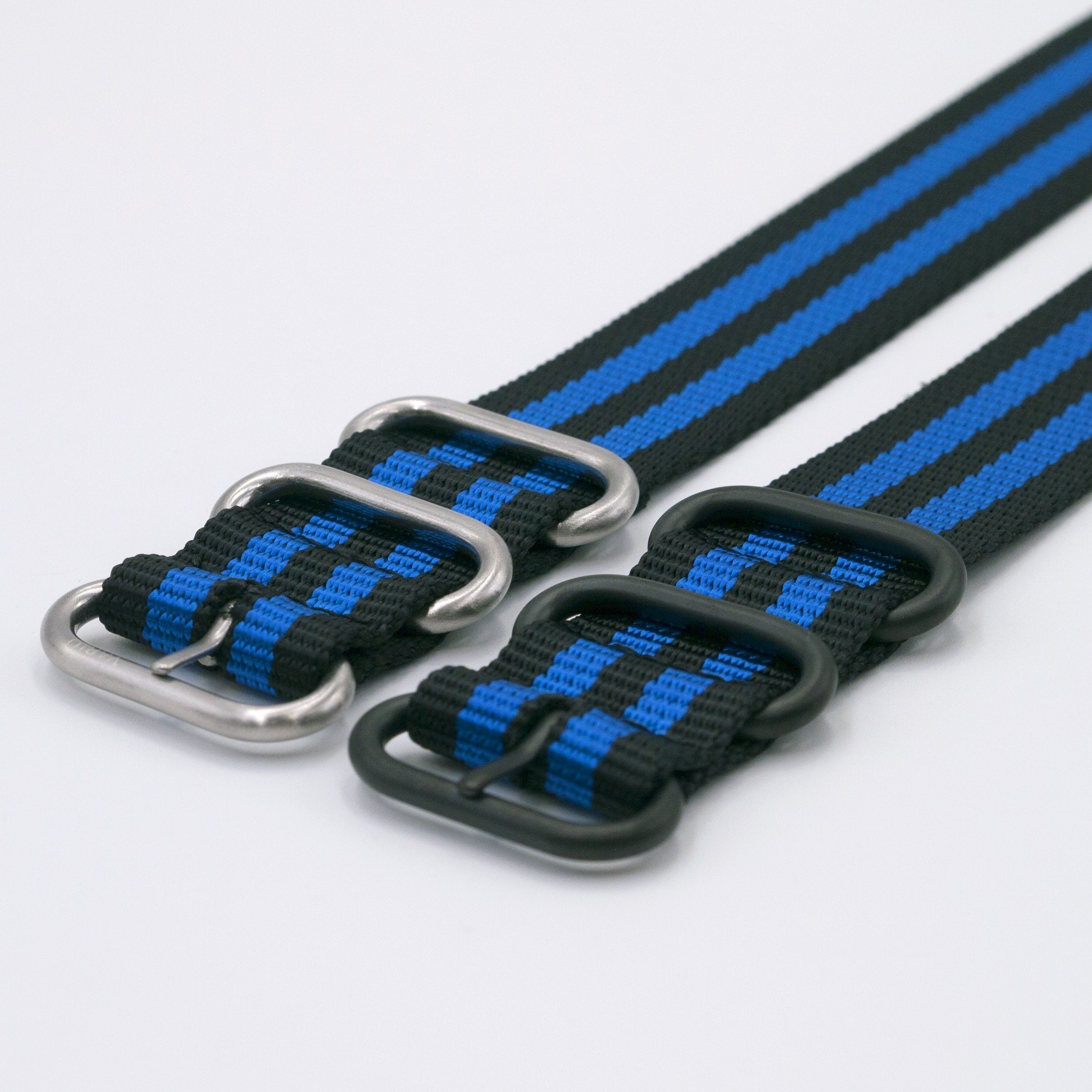 vario ballistic nylon blue black stripe maratac strap with casio g shock adapter silver and black buckle
