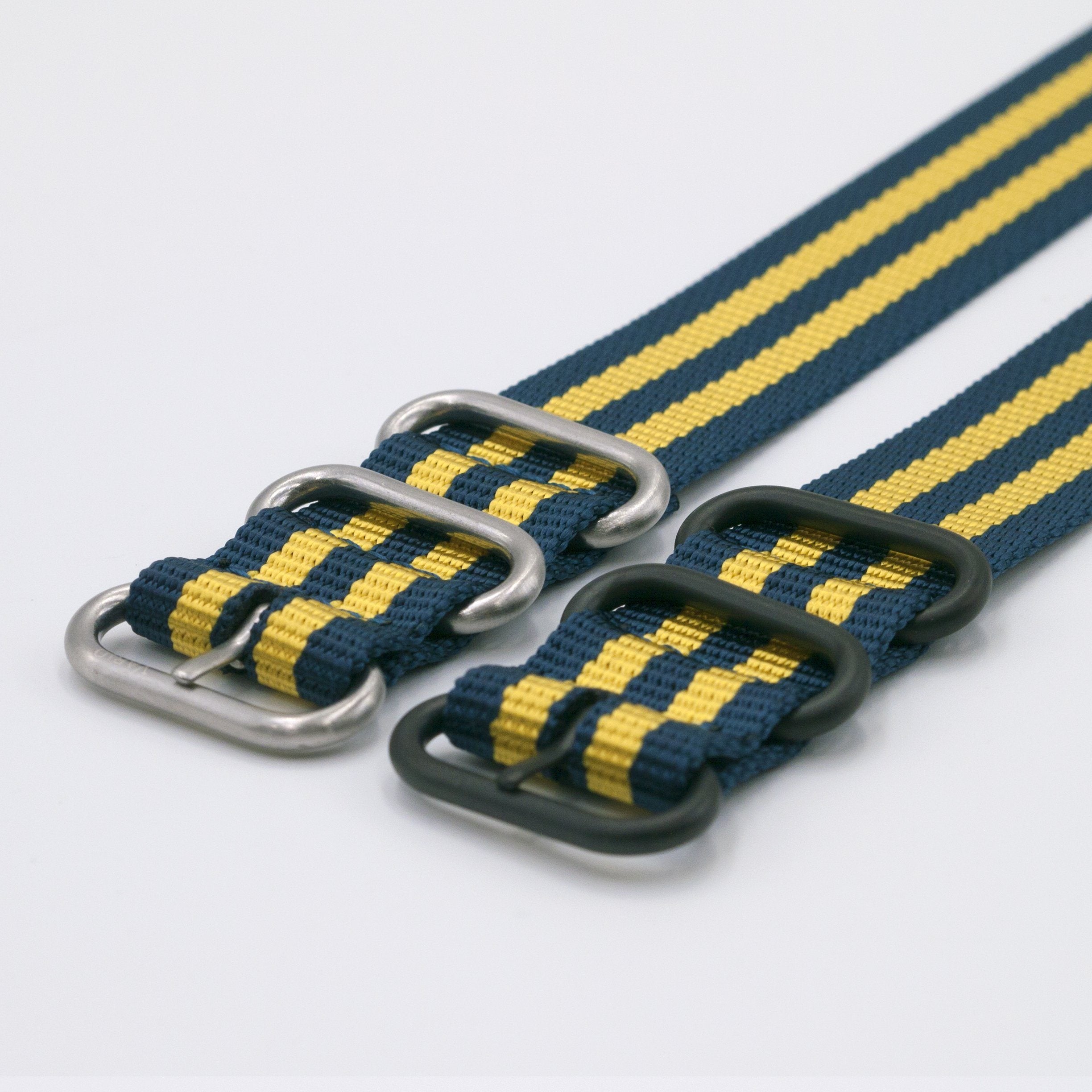 vario ballistic nylon blue yellow stripe maratac strap with casio g shock adapter silver black buckle
