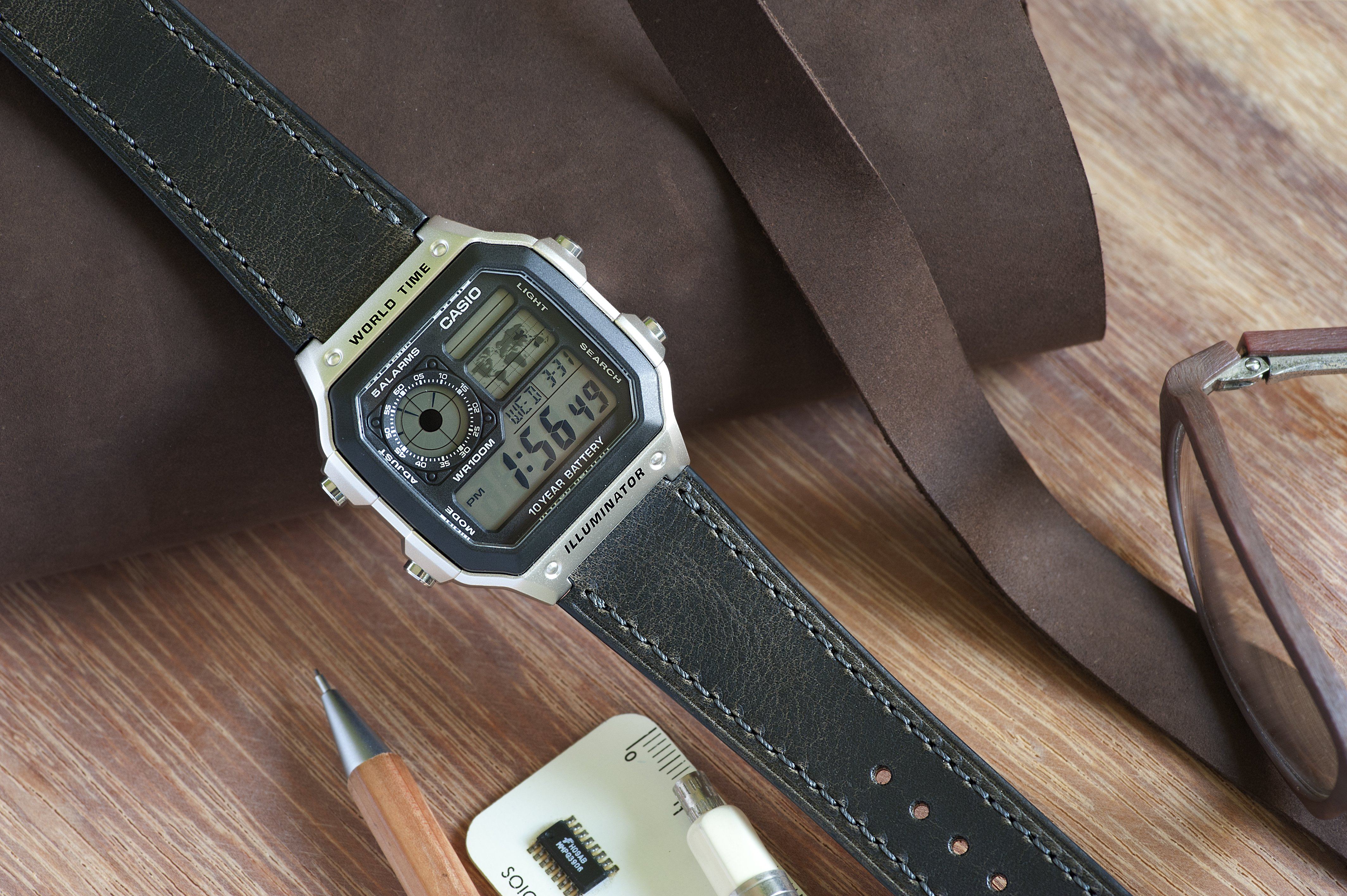 Oiled Leather Graphite Black Watch Strap for Casio AE1200WH World