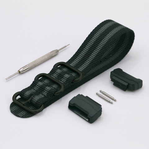 g-shock with casio adapter and vario ballistic nylon watch strap stripe grey black