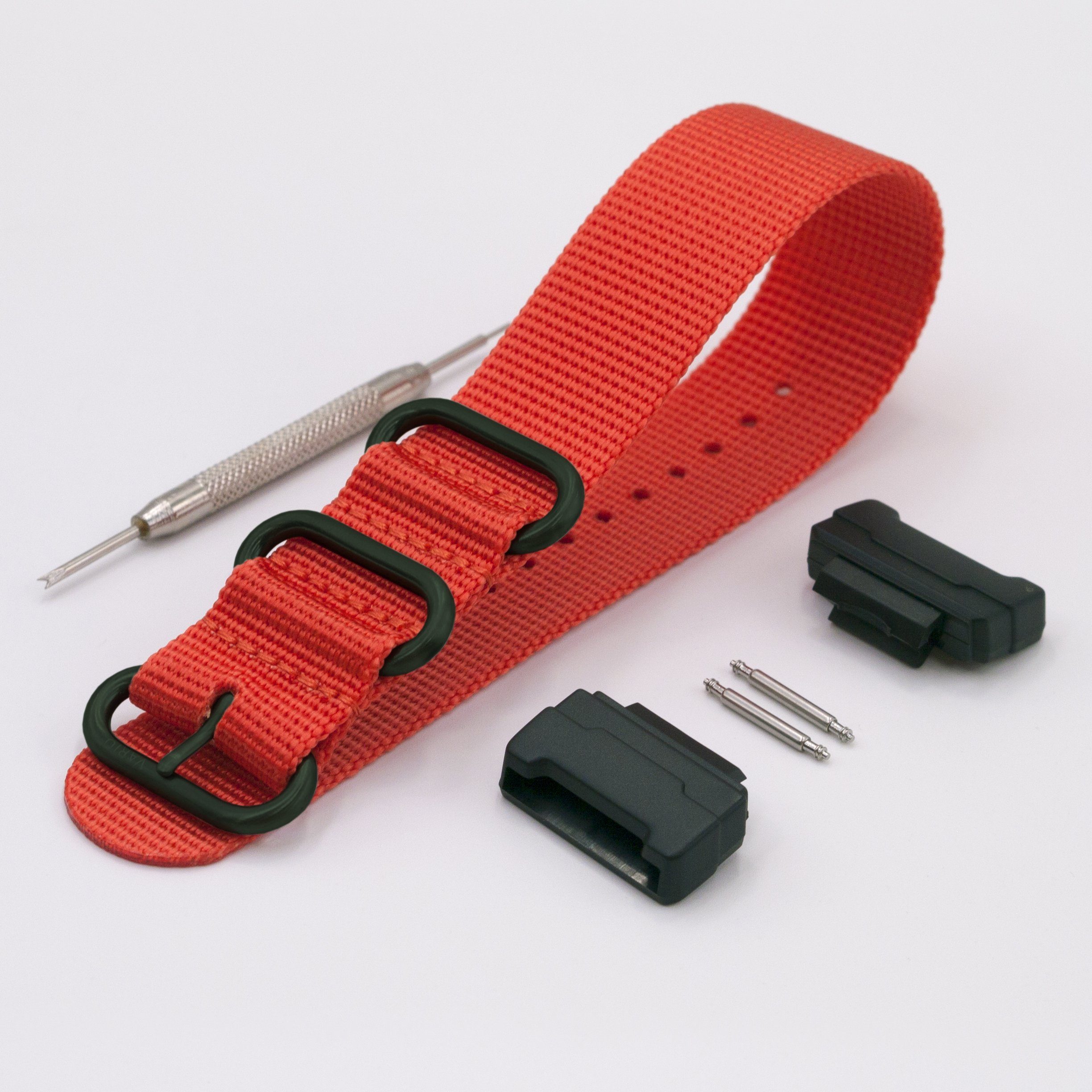 g-shock with casio adapter and vario ballistic nylon watch strap orange