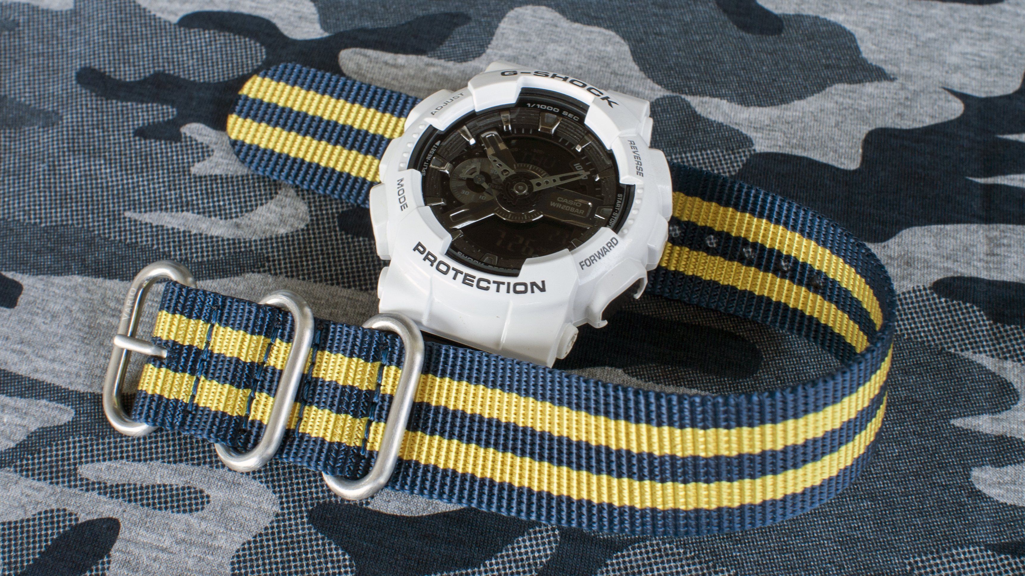 ga110 with vario ballistic nylon blue yellow stripe watch strap