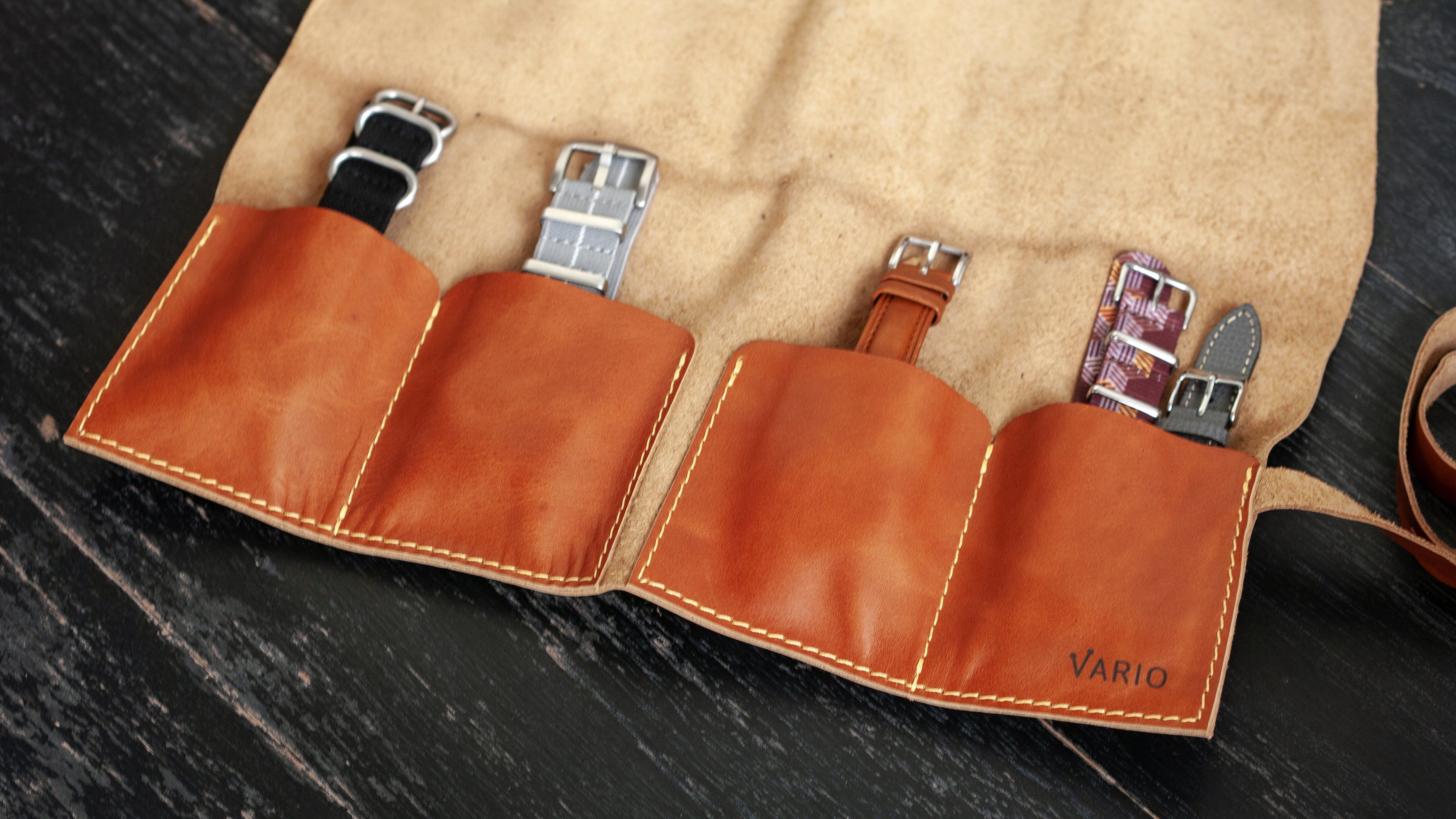 vario caramel brown leather 2 pocket watch roll