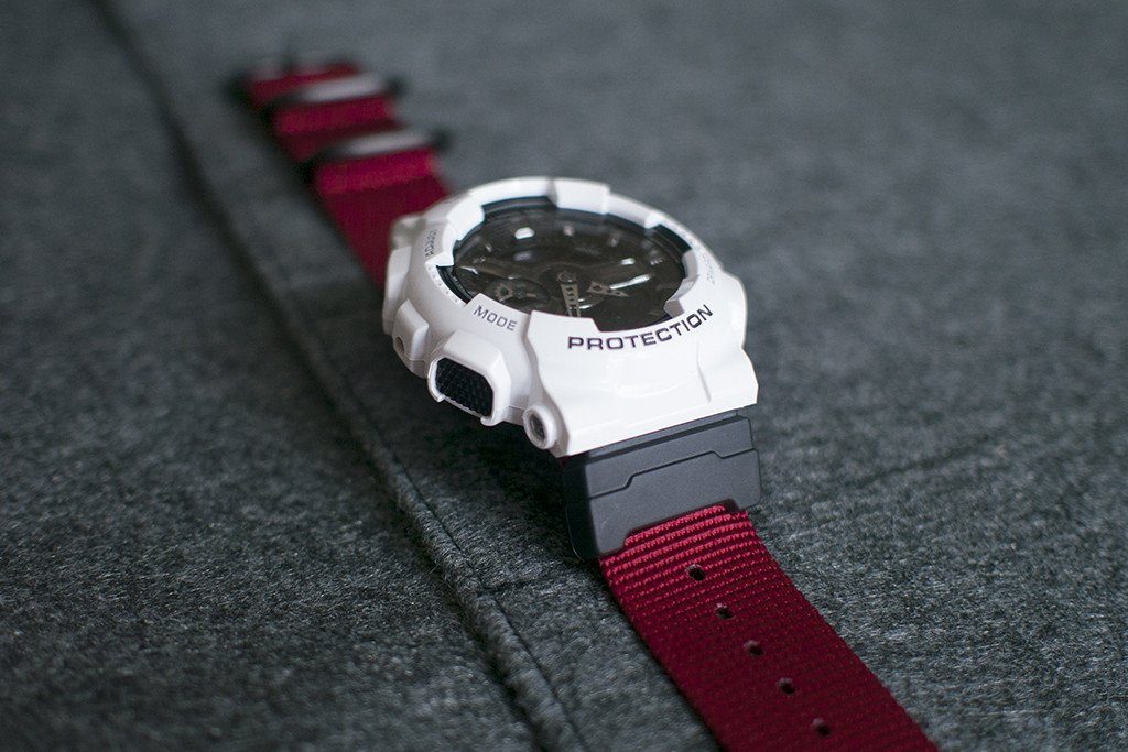 g-shock ga110 with vario ballistic red strap and casio adapter