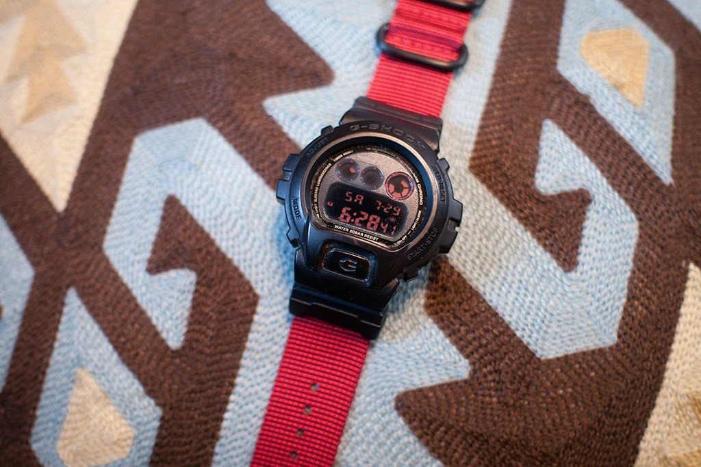 gshock dw6900 with vario replacement strap and casio adapter red