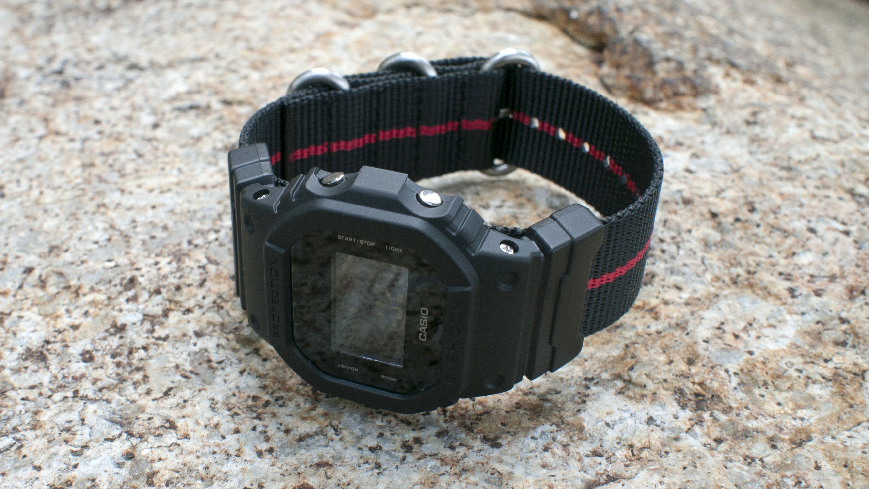 gshock dw5600 with vario ballistic nylon red black watch strap